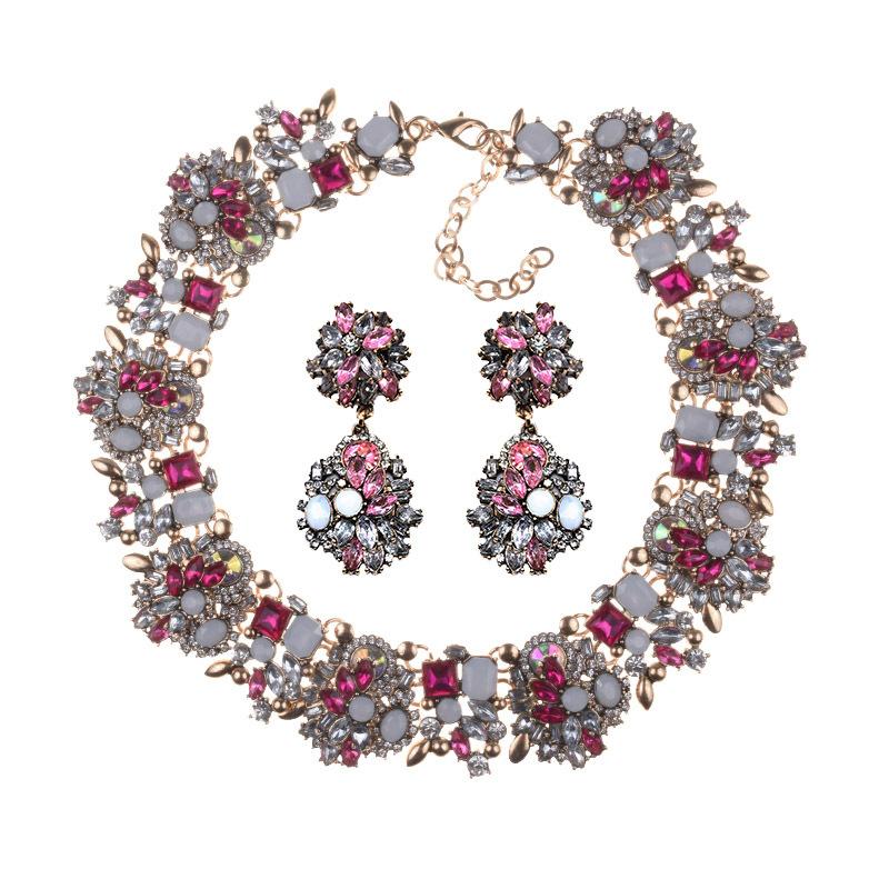 2026 Full Diamond Jewelry Set European and American Fashion Hipster Alloy Diamond Necklace Earrings 2-piece Set 43+7CM