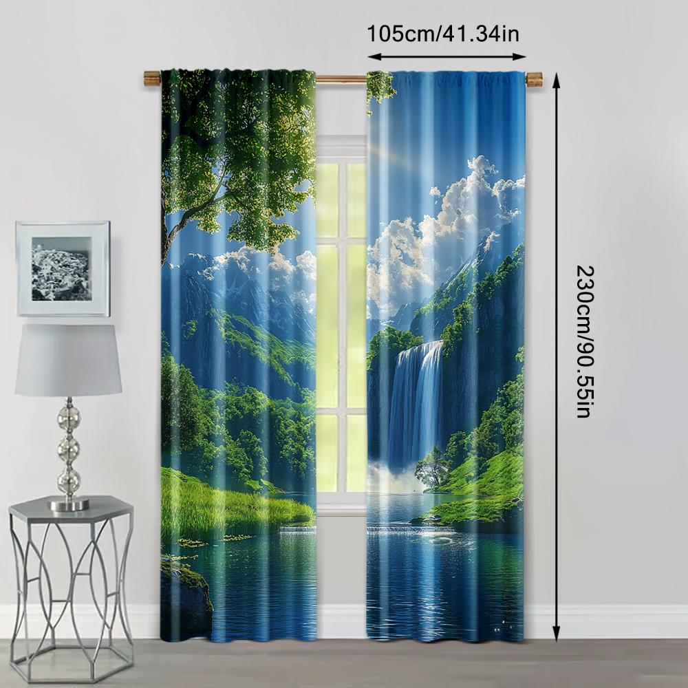 2pc,   Scene Curtains curtainWith waterfalls, green grass and blue sky Machine Washable Polyester,Without Electricity Versatile