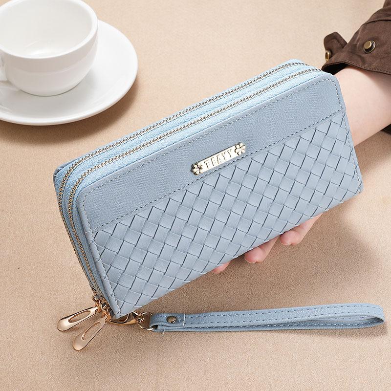 Women’s Double Zipper Long Wallet Woven PU Leather Clutch Purse Large Capacity Wristlet Wallet Card Holder Phone Wallet with Strap