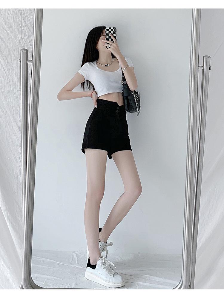 Women's Super High Waist Black Denim Shorts - Tummy Control, Elastic, A-Line, Wide Leg, Buttoned, Summer Wear