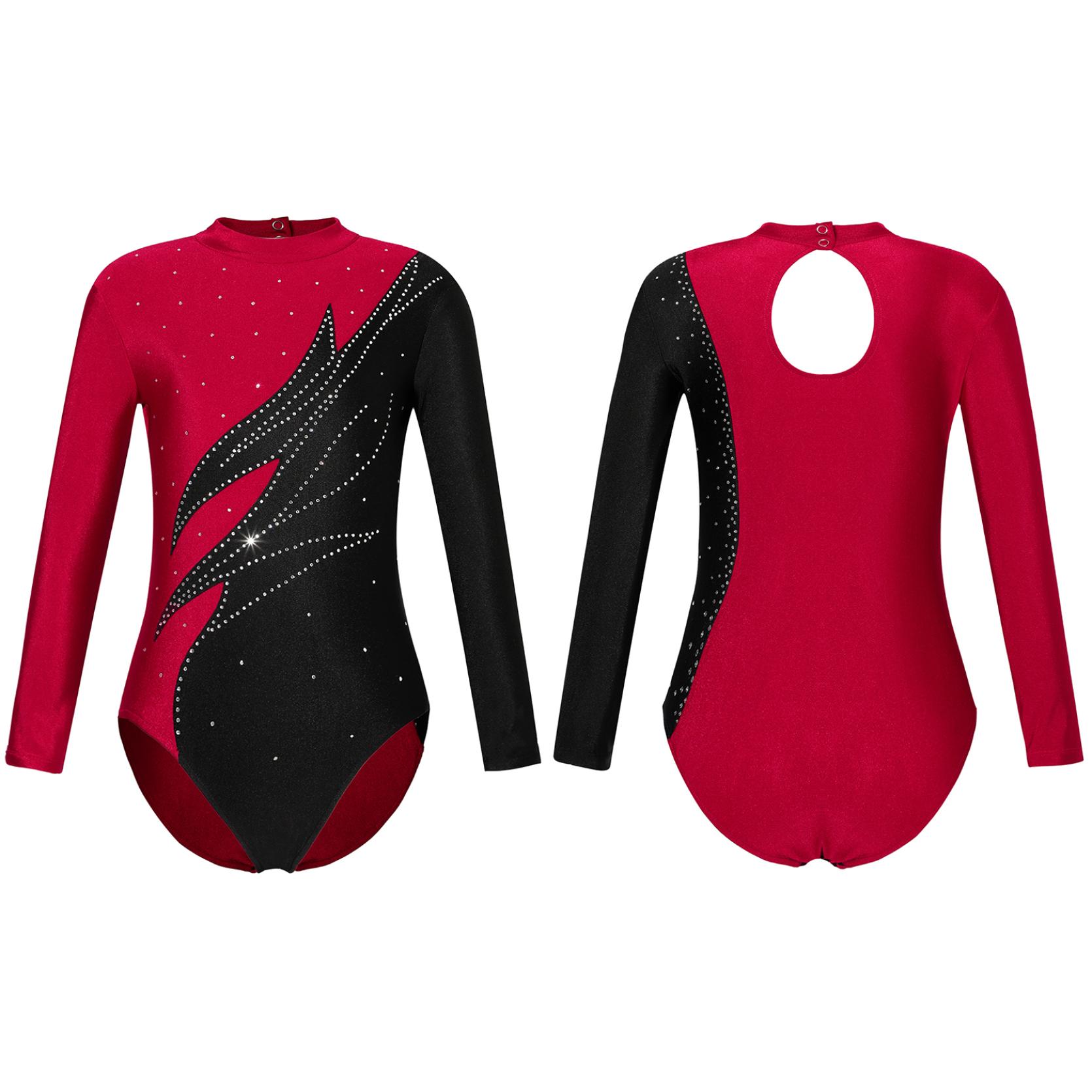 

Гимнастический купальник с длинными рукавами для девочек, боди для спортивных танцев с блестящими бусинами и пламенем бордовый