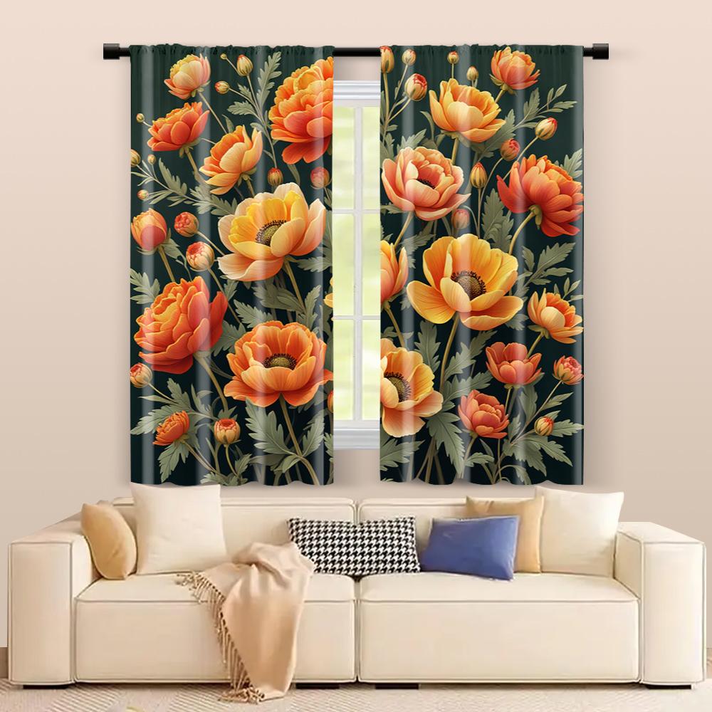 2 Pcs, Filtering Curtains (excluding Rods, Non-movable, Without Batteries) Abstract Floral for Use In Bedrooms and Living Rooms