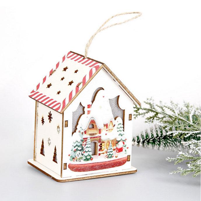 Christmas Glowing Colorful Hut Christmas Decorations Wooden House Hanging Christmas Tree Pendant