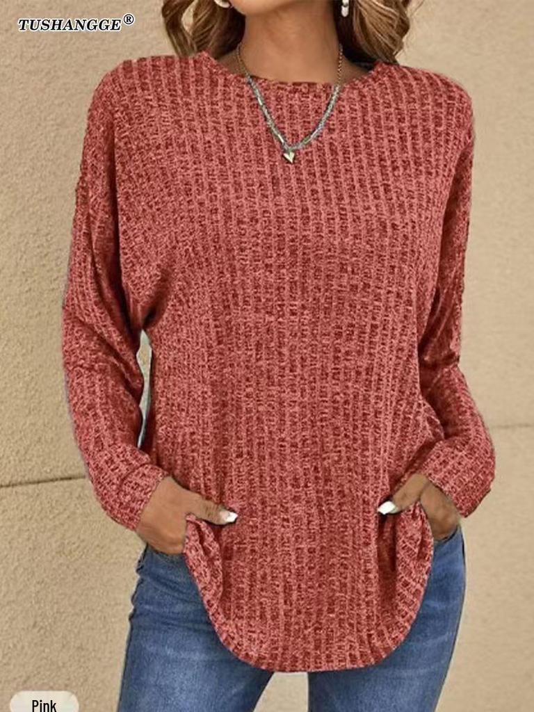 Maglione a Maglia Autunno Europeo 2025 - Girocollo, Costine, Manica Lunga, T-shirt Vestibilità Larga