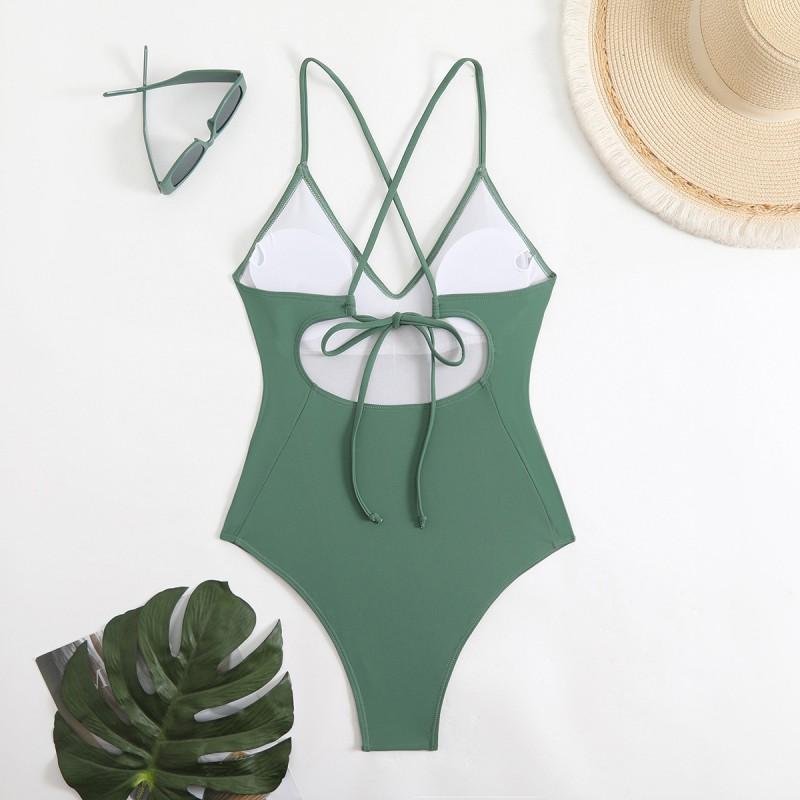 Solid Color One Piece Swimsuit Women With Push-Up Padding Backless Fit Swimwear Beach Vacation Pool