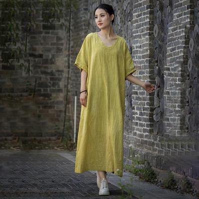 Women Vintage Dresses V-Neck Short Sleeve Summer Solid Color Loose Women A-Line Dresses