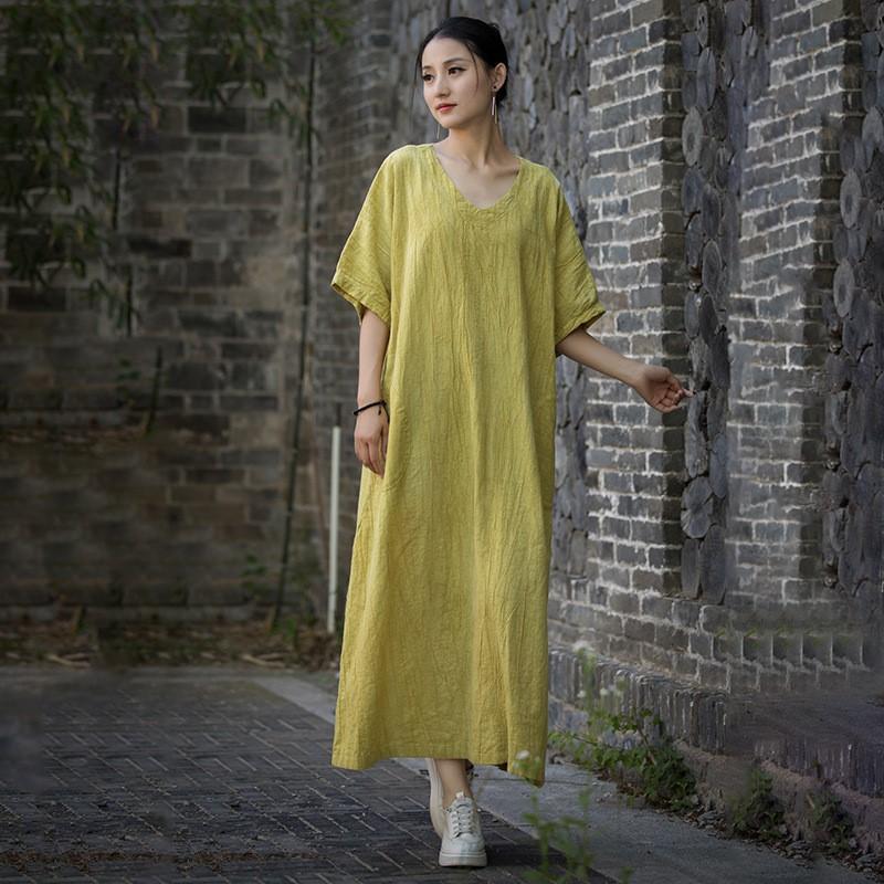 Johnature Women Vintage Dresses V-Neck Short Sleeve Summer Solid Color Loose Women A-Line Dresses