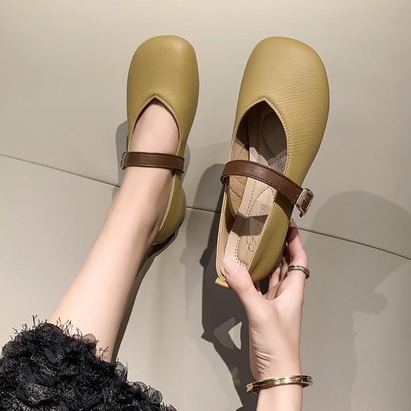 Retro small leather shoes spring new ladyshoes one word with soft leather low heel Mary Jane single shoes women