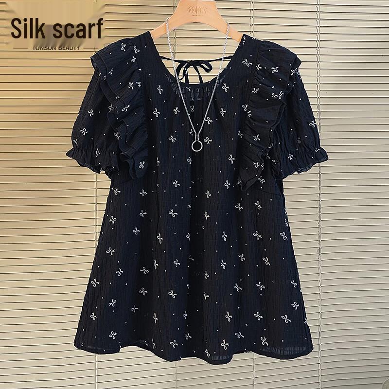 Women s Bow Print Ruffle Short Sleeve Blouse