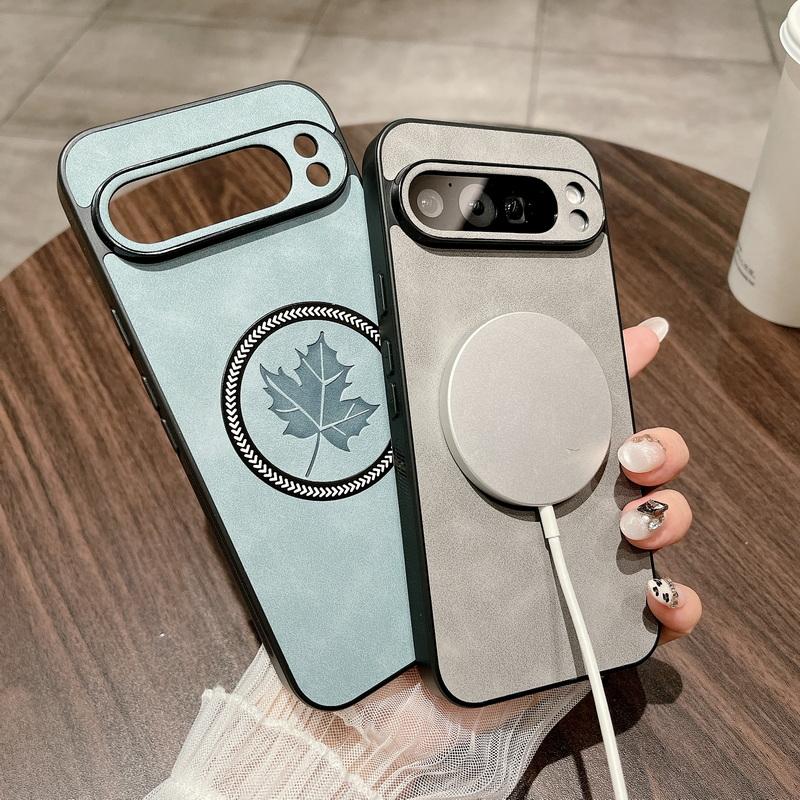 Leaf Pattern Leather Wireless Charge Magnetic Case For Google Pixel 9 Pro XL 8A 8 Pro 7A 7 Solid Color TPU Soft Shockproof Slim Matte Phone Cover