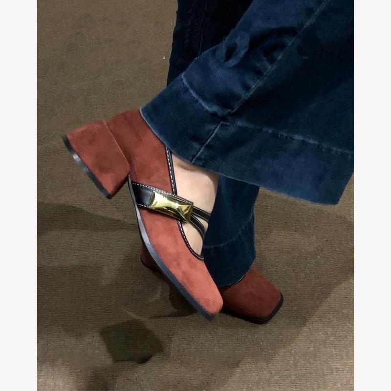 Elegant Retro Spliced Color Commuter Chunky Heel Women's Shoes Spring New One-Strap Mary Jane Shoes Comfortable Casual Footwear