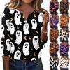 Women's Casual Halloween Print V Neck Button Three Quarter Sleeve T Shirt Top Lightweight Comfortable Fit for Seasonal Wear