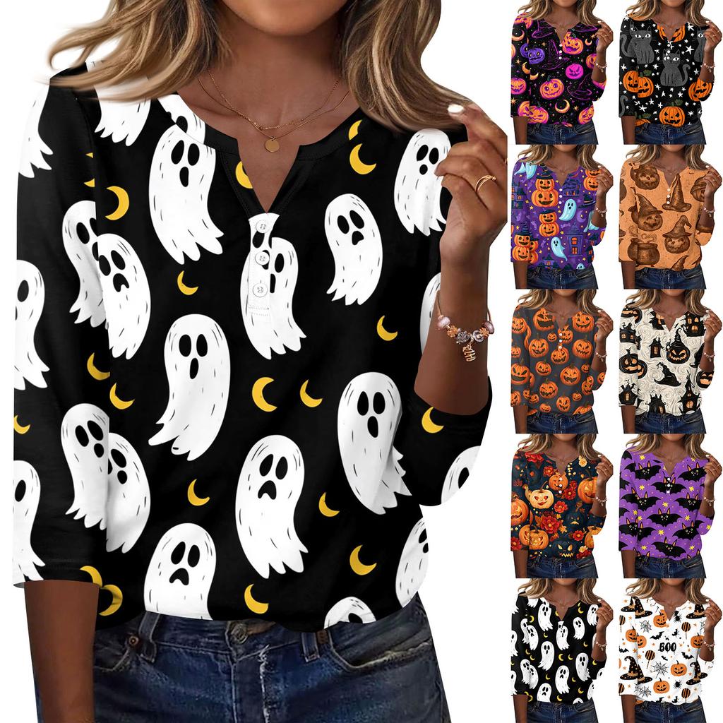 Women's Casual Halloween Print V Neck Button Three Quarter Sleeve T Shirt Top Lightweight Comfortable Fit for Seasonal Wear