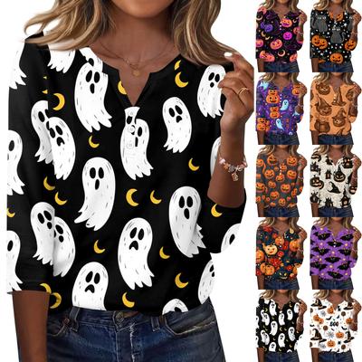 Women's Casual Halloween Print V Neck Button Three Quarter Sleeve T Shirt Top Lightweight Comfortable Fit for Seasonal Wear