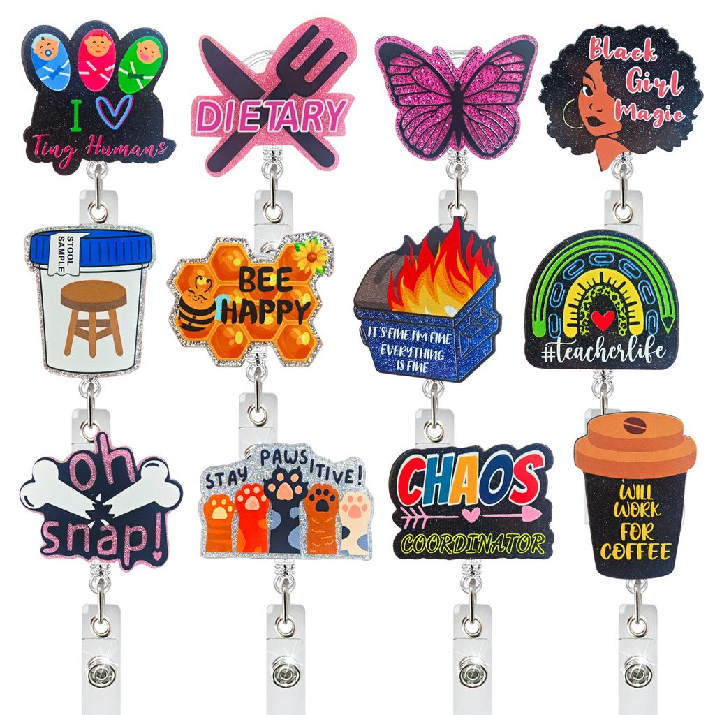 Glitter Acrylic Retractable Badge Reel Funny Nurse Teacher Id Badge Holder With Belt Clip Retractable Name Badge Reel For Worker