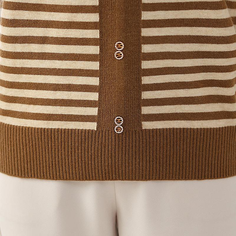 Elegant Women's Striped Knit Sweater with Turn-Down Collar - Versatile Fall Fashion for Moms