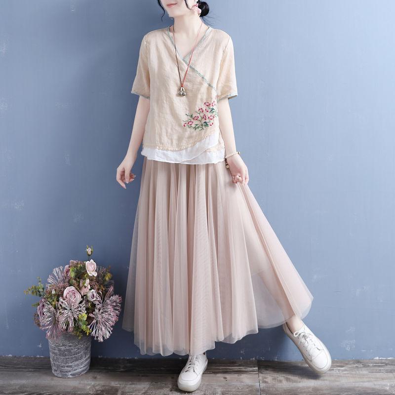 

Summer cotton and linen V-neck short-sleeved top women s color matching hemming fake oblique placket double button shirt tea clothes 4XL абрикосовый