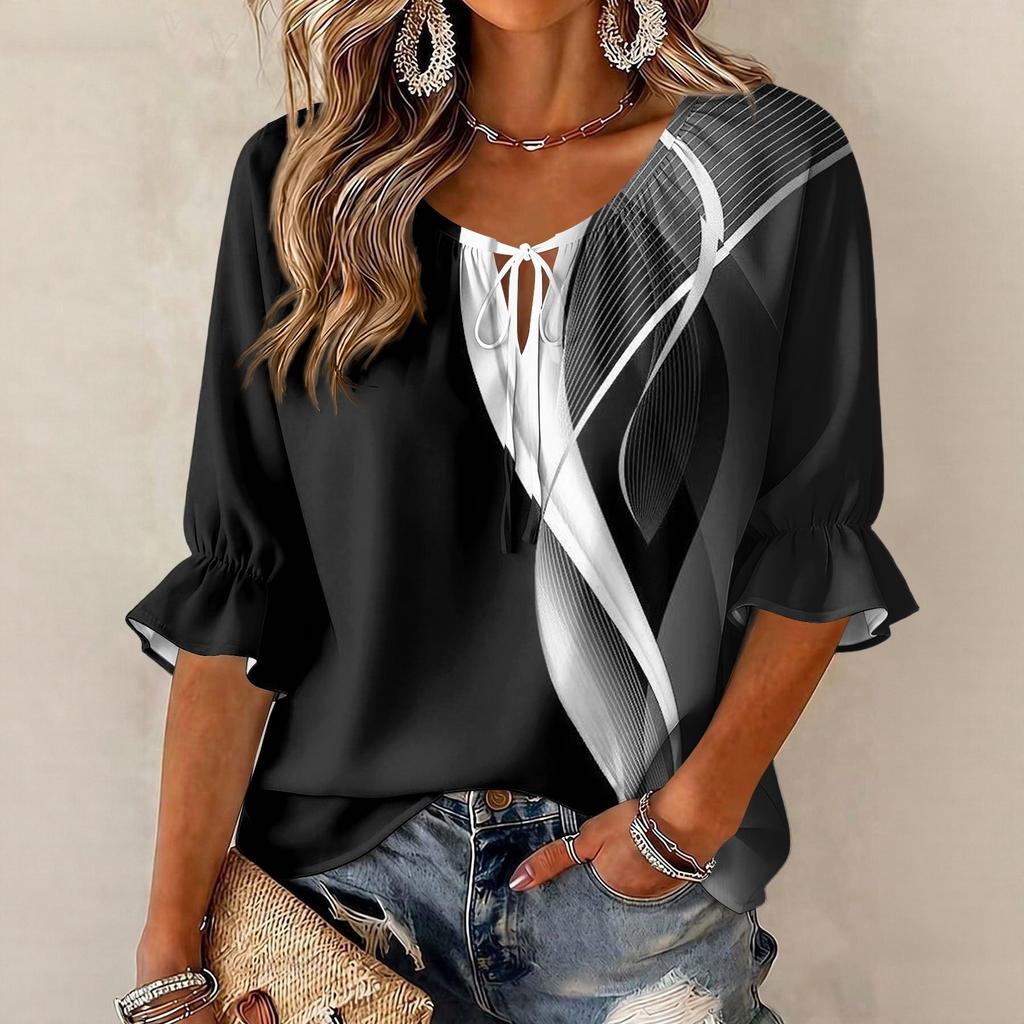 Women's Retro Floral Print Ruffle Three-Quarter Sleeve Blouse with Tie Neck