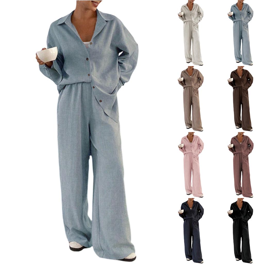 Damen Freizeitanzug Locker Baumwolle und Leinen Langarmhemd Hose Zweiteiliges Set