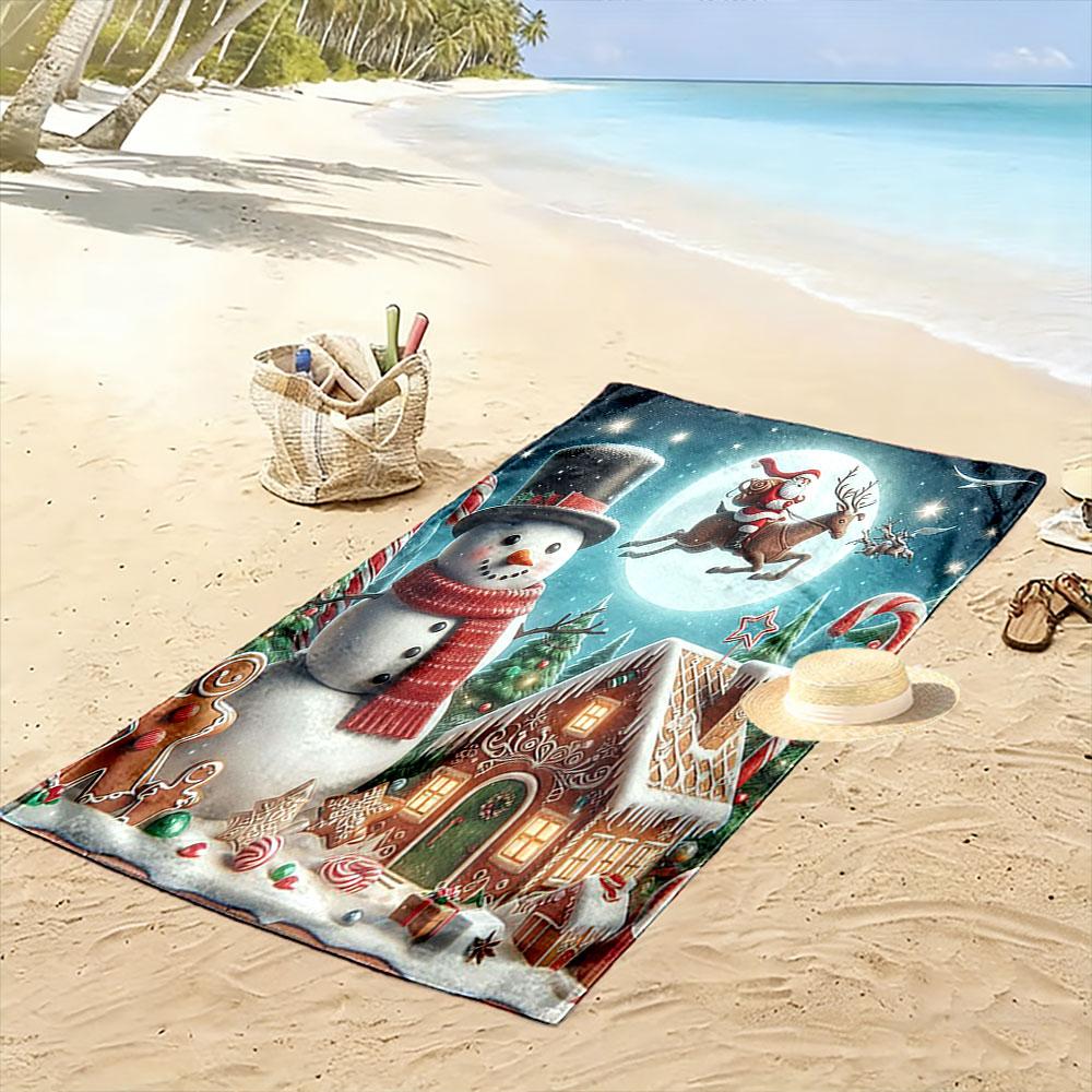 "Christmas Snowman, Santa, and Gingerbread Scene" Patterned beach towel quick dry perfect for travel outdoor sports jogging the beach and swimming