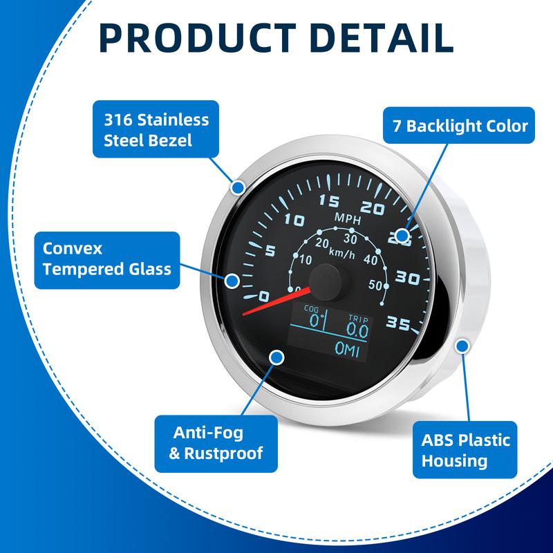 ZMFJH 0-50KMH, 0-30MPH 85MM GPS Tacho mit Antenne 7 Farbige Beleuchtung Geschwindigkeitsmesser Kilometerzähler Laufleistung COG TRIP Auto Auto Boot