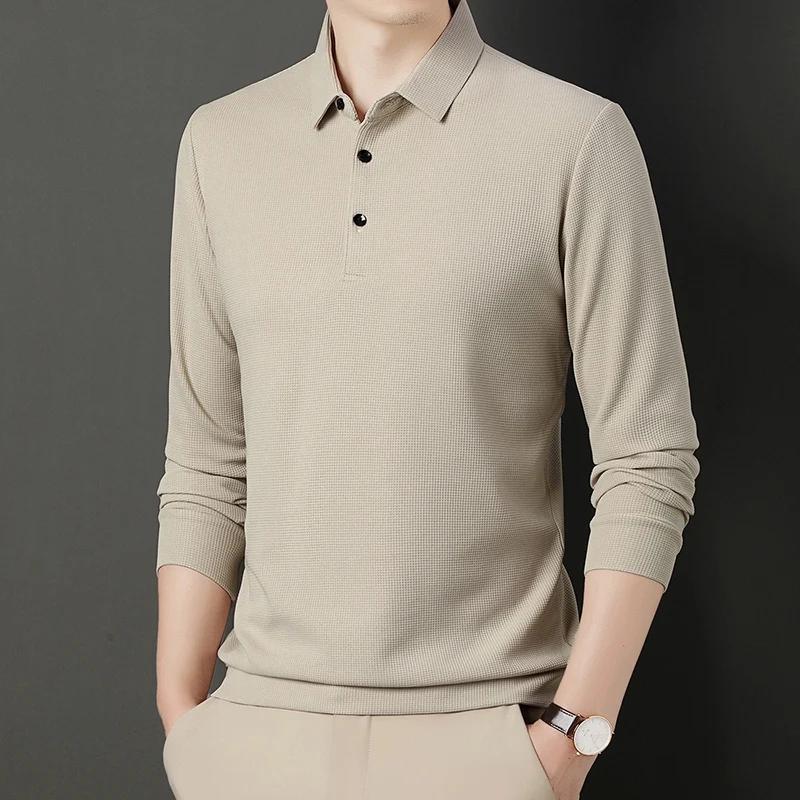 Spring Autumn Waffle Men's Long-sleeved Polo Shirt Business Casual Slim Top Classic Solid Color Male Brand Tees
