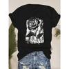 Womens 180g Black White Rose Print Tee Crew Neck Oversized Color Block Short Sleeve All Season Casual Floral Top