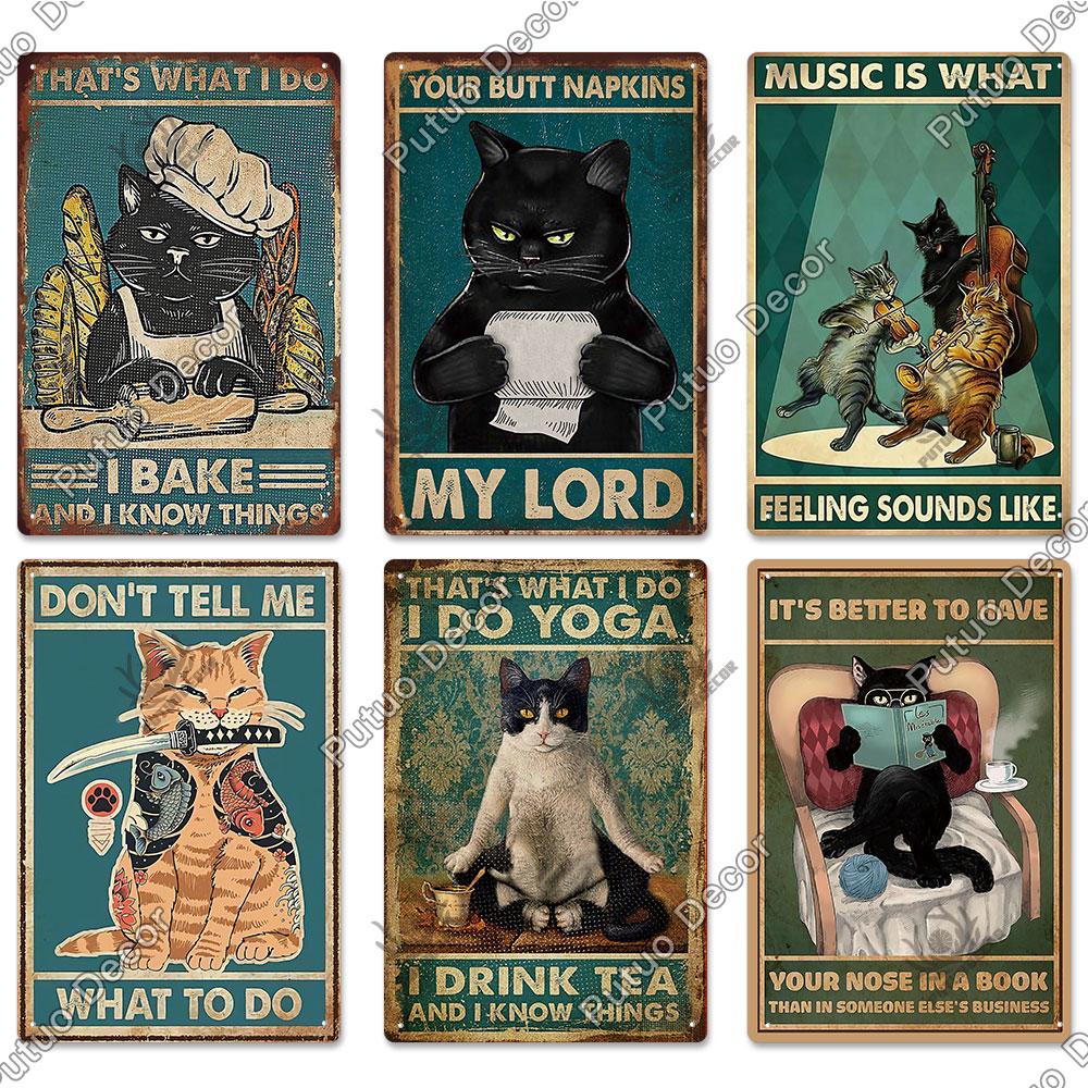 Putuo Decor Black Funny Cat Metal Sign Vintage Plaque Metal Retro Animals Tin Poster for Living Room Home Decoration Wall Decor