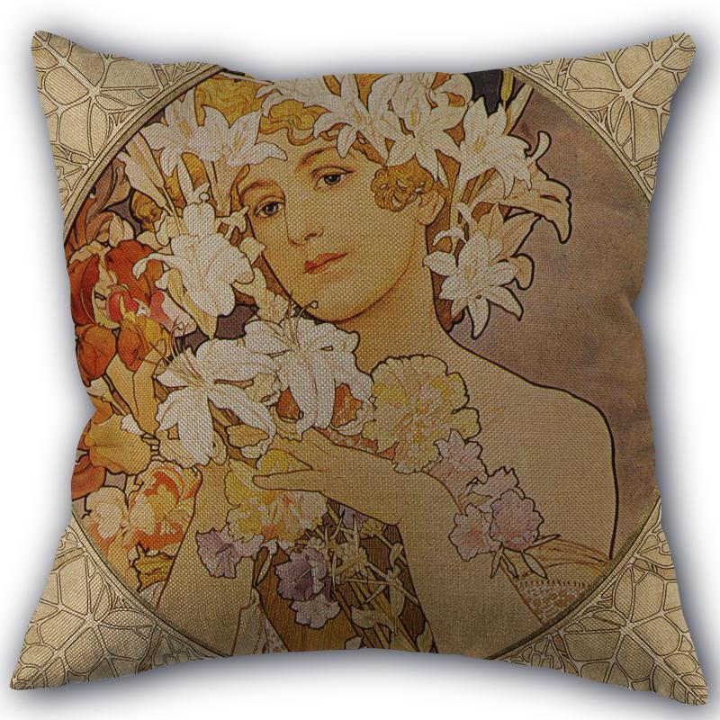 Custom Alphonse Mucha Art Pillowcase Cotton Linen Fabric Square Zipper Pillowcase 45X45 Wedding Decorative Pillow Cover