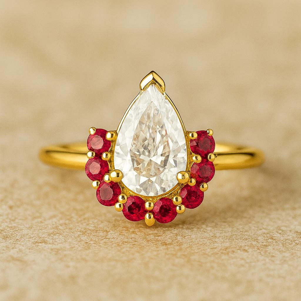 Pear Moissanite Wedding Ring, Red Garnet Half-Halo Ring, V-Prong Art Deco Jewelry Yellow Gold Plated Silver, Anniversary Gifts