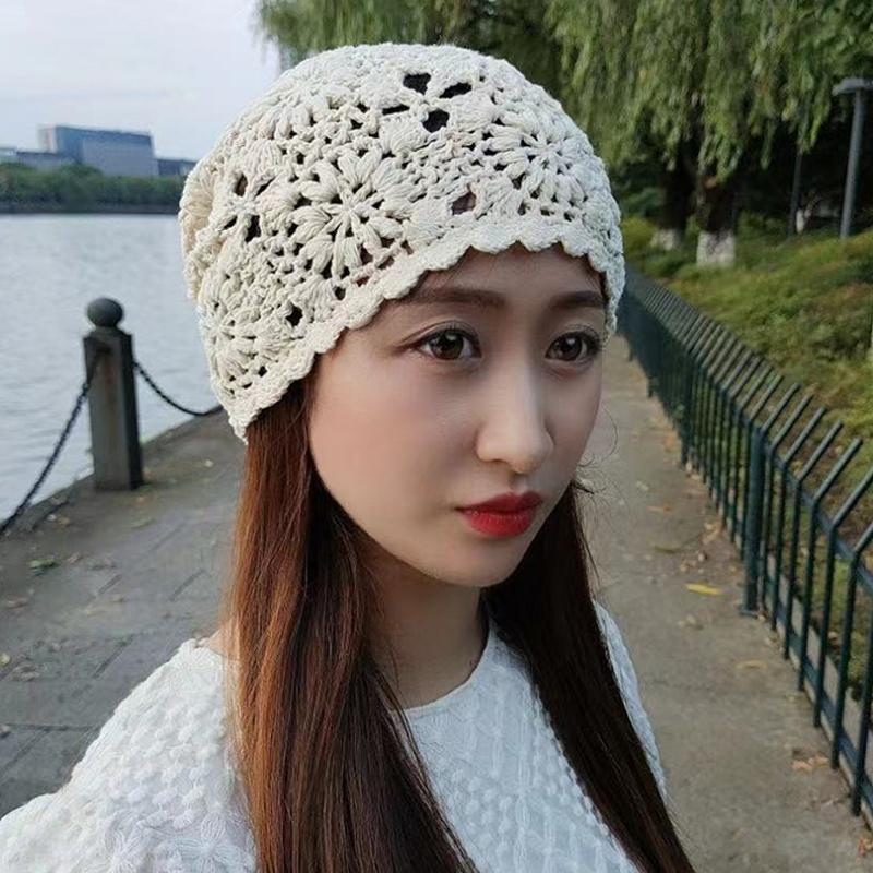 Women'S Solid Color Crochet Hollow Knitted Hat Summer  Vintage Beanie