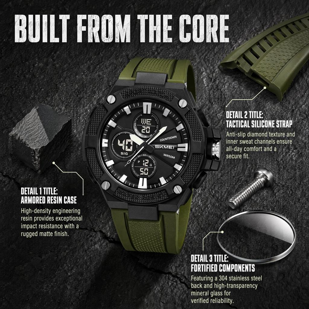 Skmei 2604 Relógio Digital Tático Masculino Verde Militar Hora Dupla Resistente à Água 50M