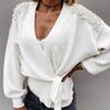 Ladies Long Sleeve V-neck Bowknot Pearl  Color Waist Knit Cardigan Sweater