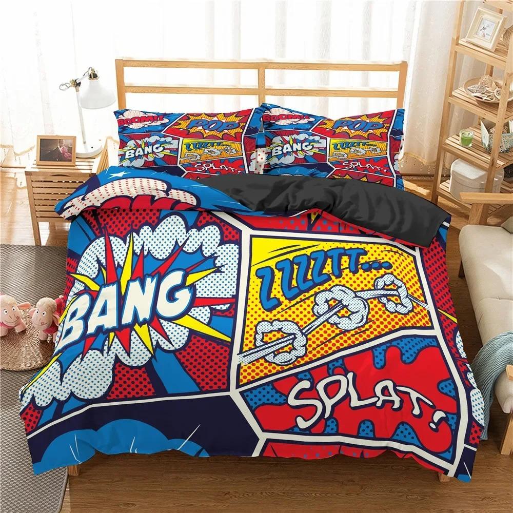 Comic Pattern Duvet Cover Queen King Cartoon Bedding Set for Boys Girls Hippie Hip Hop Rock Style Polyester Comforter Cover