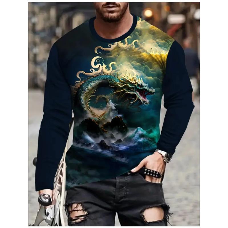 Round Neck 3D Dragon Print T-shirts Casual Short Sleeved Men's T-shirts - Soft Medium Stretch Polyester Fabric Spring and Autumn Relaxed Fit Clothing