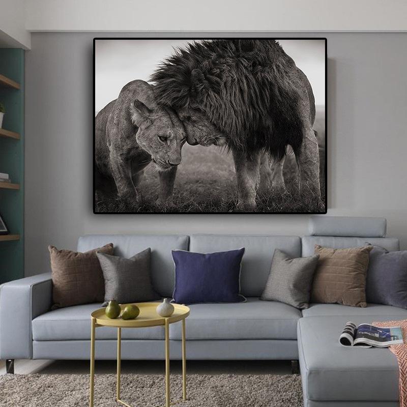 Lions Head To Head Black and White Canvas Art Painting Posters and Prints Scandinavian Cuadros Wall Art Picture for Living Room