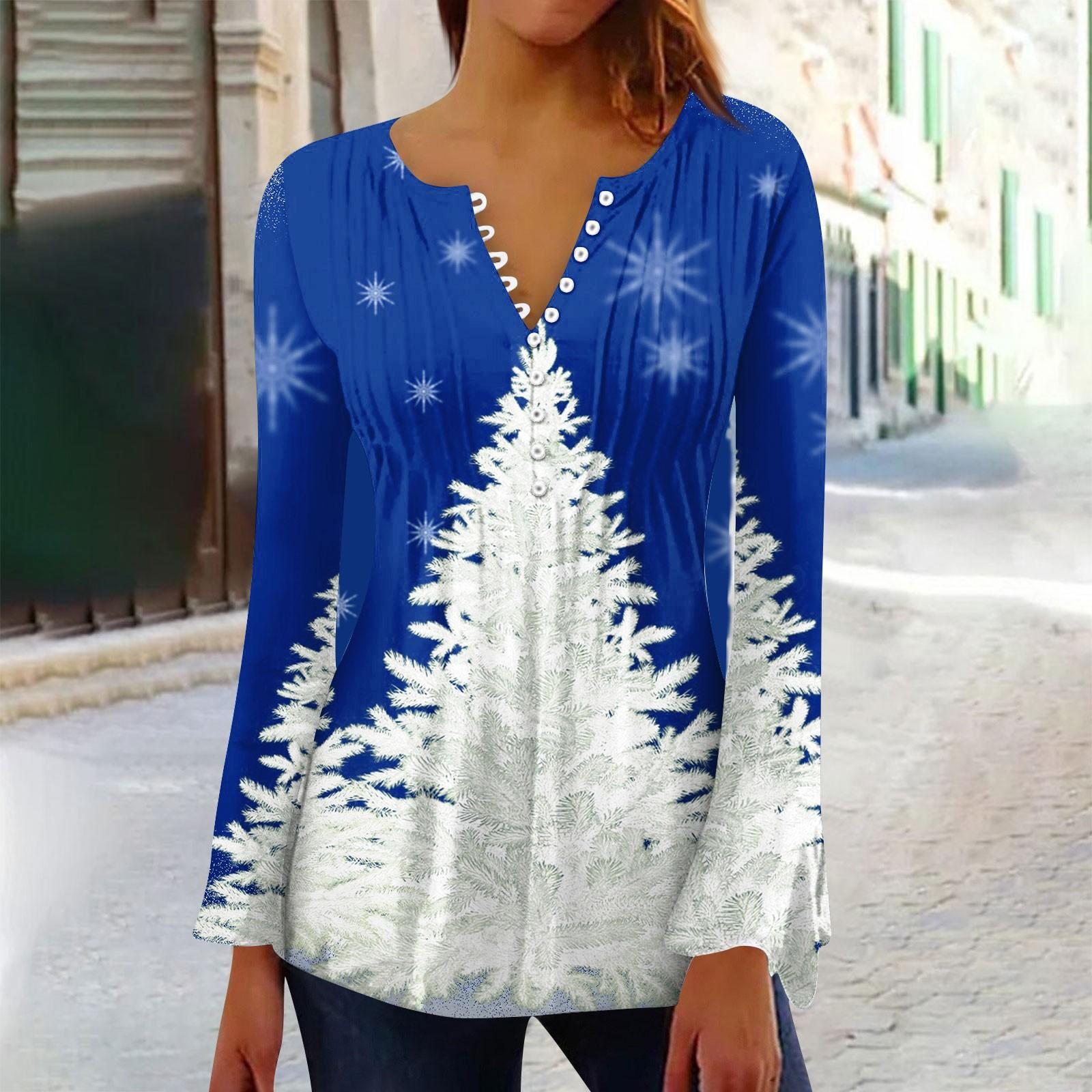 

Women s Printed Bell Sleeve Button Collar Button Print Long Sleeve Holiday Basics Tunic Slim Top Print Ethnic Top Summer T-Shirt XXL синий