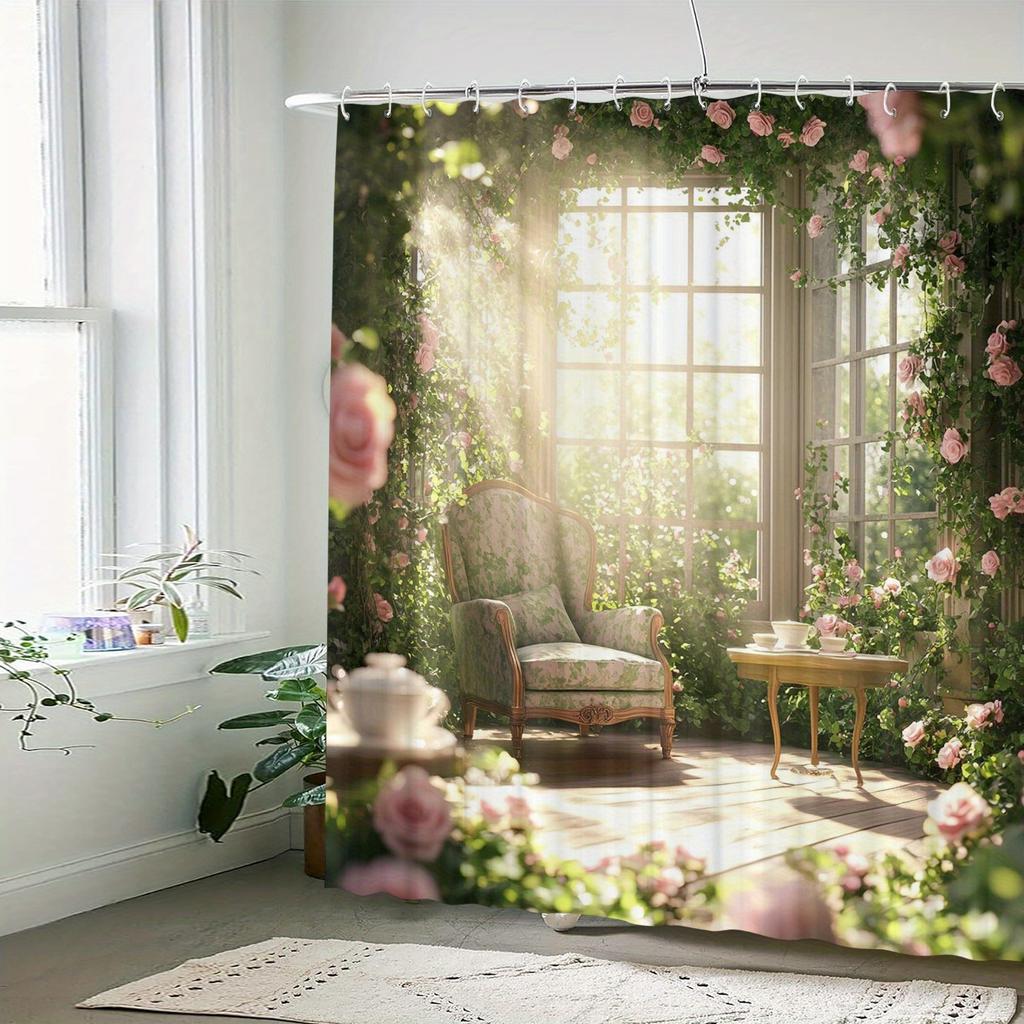 Exquisite Duschvorhang mit Blumenmuster 12 Haken Geeignet für Zimmer Haus Hotel Maschinenwaschbar Vorhänge Badezimmer Einteilig
