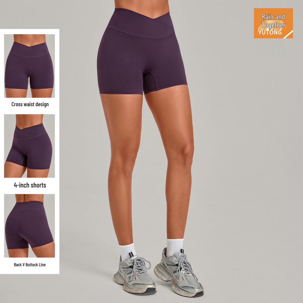 High-Waisted Transparent Nude Yoga Shorts with Cross Waistband for Running and Cycling