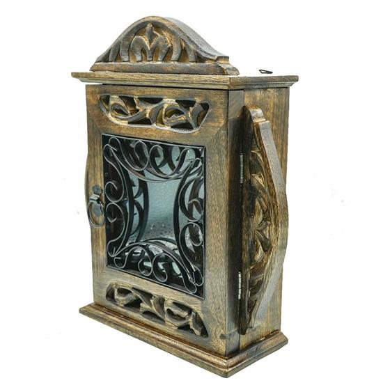 Wood Key Holder Cage Design with Flower Gate Antique Key Chain Organizer Rustic Wall Hanging 6 Key Hooks Holder Home, Office Decor