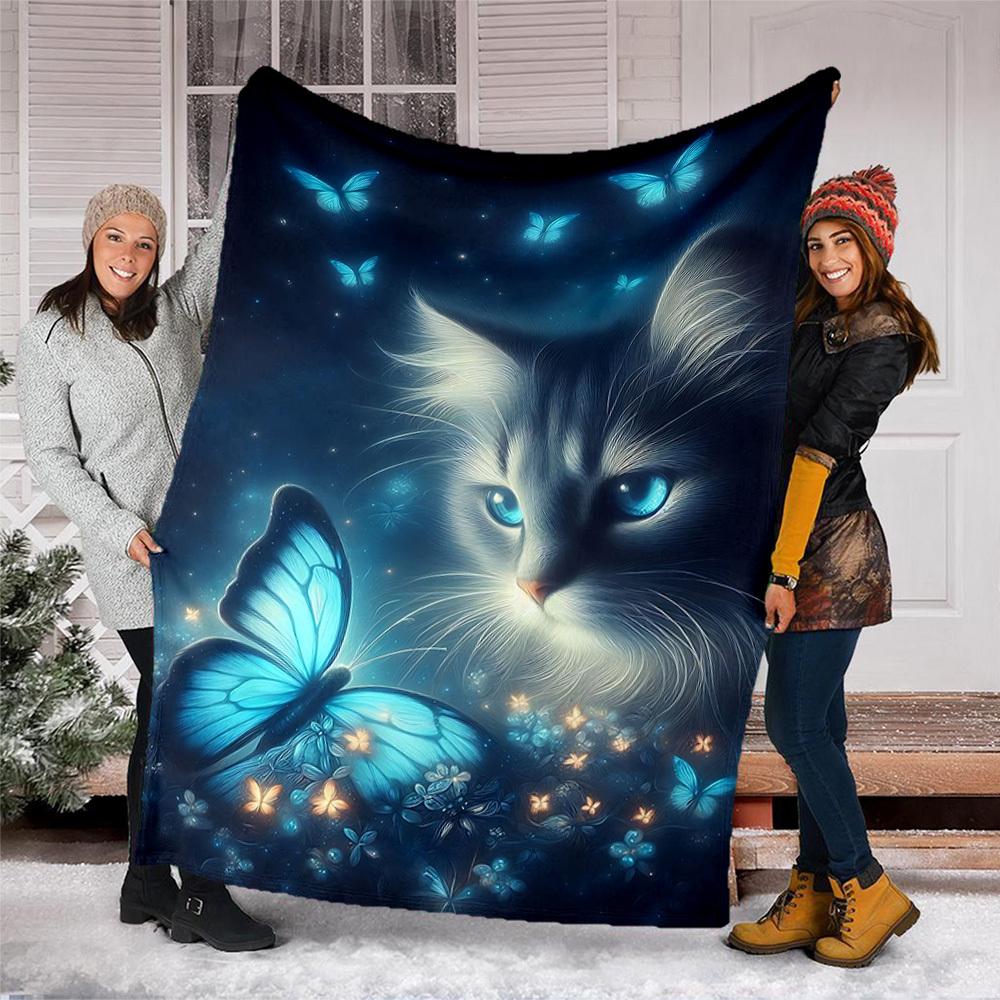 1pc Butterfly Cat Night Throw Blanket Polyester Fiber, Lightweight Flannel, Soft & Warm, All Season Use for Outdoor, Camping Digital Print