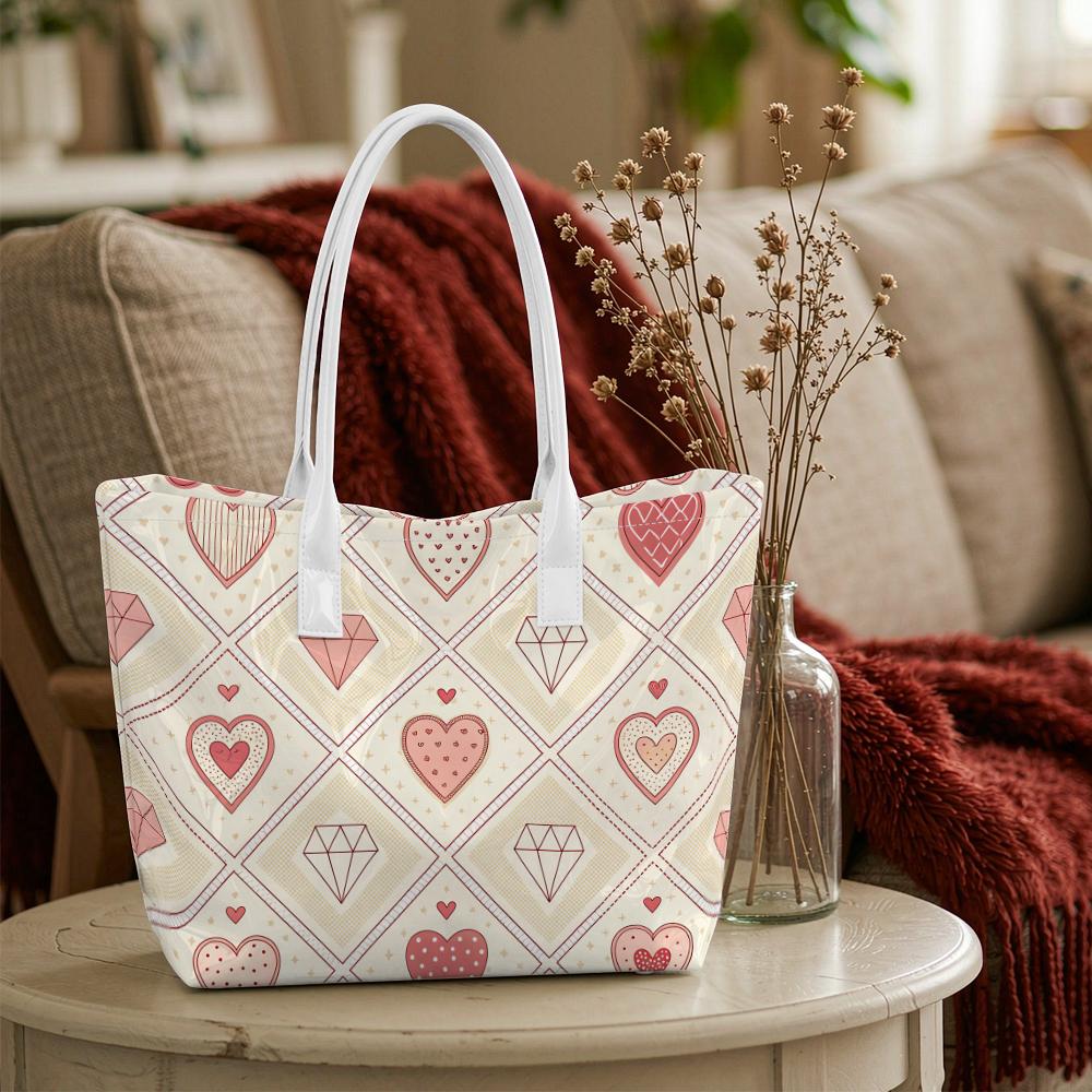 Sweet Heart Diamond Print Tote Bag Casual Carry All For Daily Outings Shopping Portable Fashion Shoulder Bag