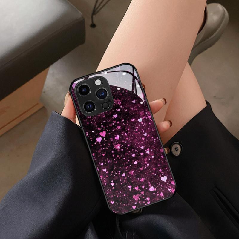 Tempered glass phone case for iPhone 17 16 15 14 13 12 11pm Pro Plus. Full-screen pink heart design.