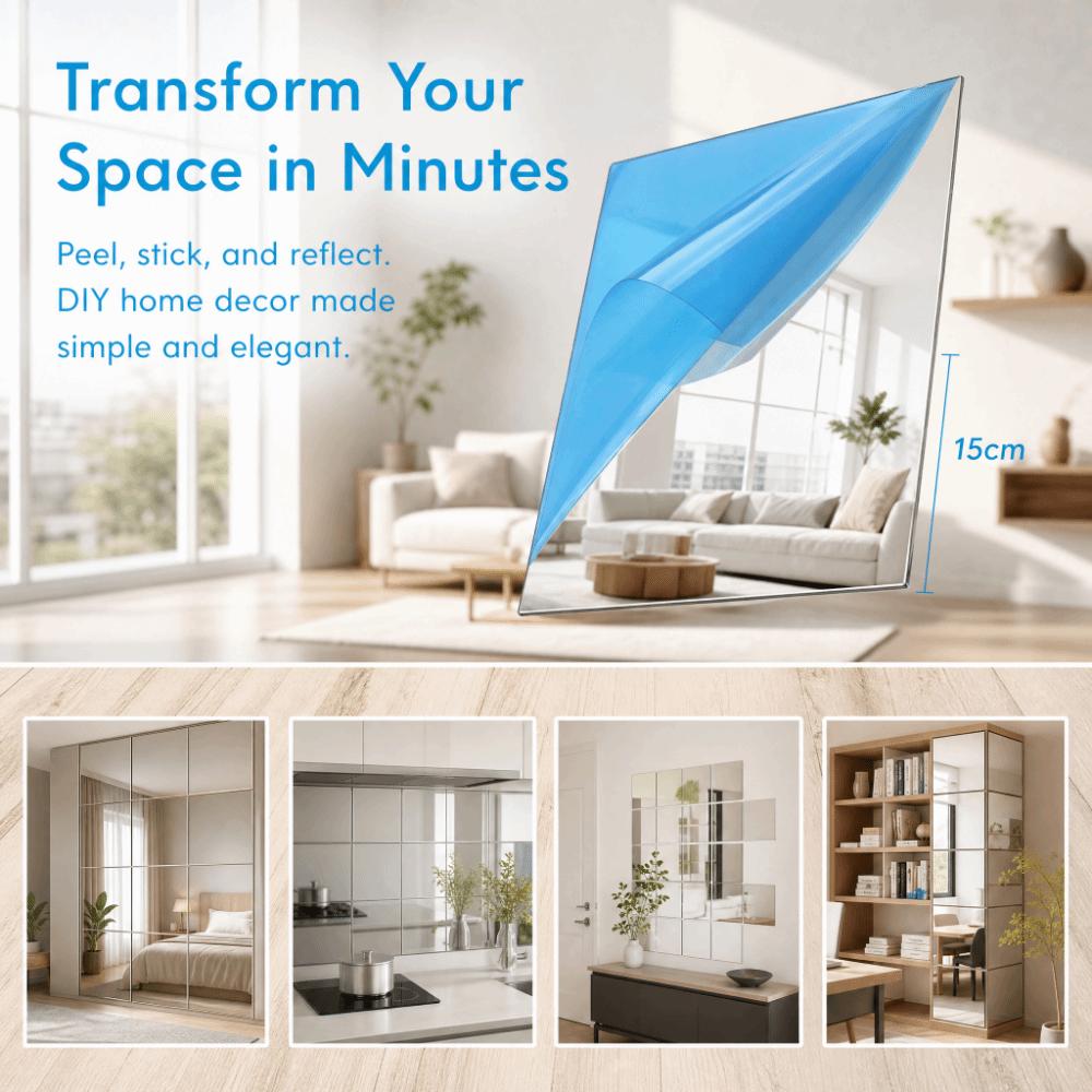 32pocs Silver PET Mirror Decal PET 15x15cm Mirror Tile Self-adhesive Mirror Sticker Bedroom