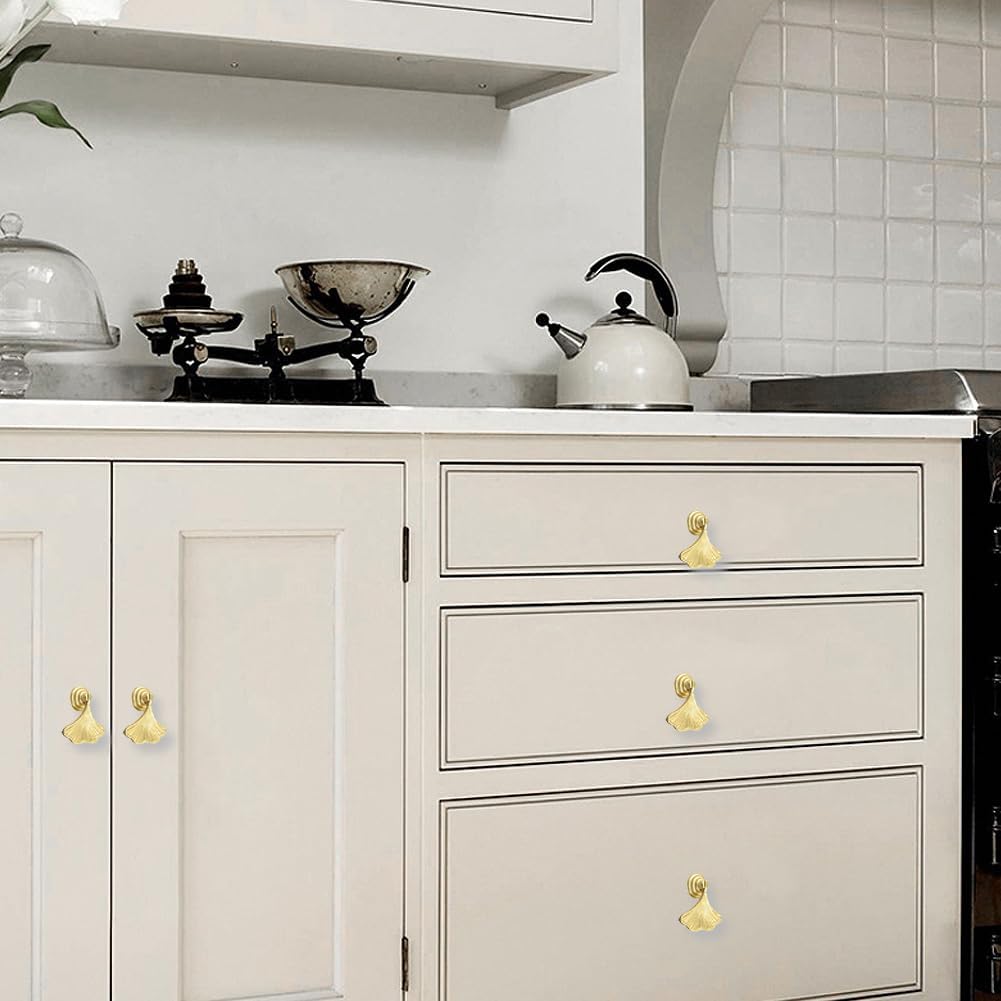 4 Pcs Ginkgo Leaf Shape Handles Golden Leaf Shape Knobs Golden Drop Pendant Pull Handles Single Hole Knobs Handles for Kitchen Furniture Cabinet