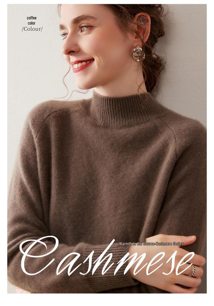 Women's Korean Style Cashmere Sweater: Half-High Collar, Solid Color, Short Raglan Sleeve, Perfect for Autumn and Winter