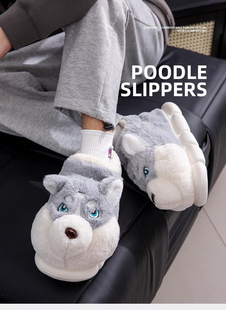 Men's Winter Cartoon Slippers - Plush Velvet, Non-Slip, Closed-Back Cotton Shoes