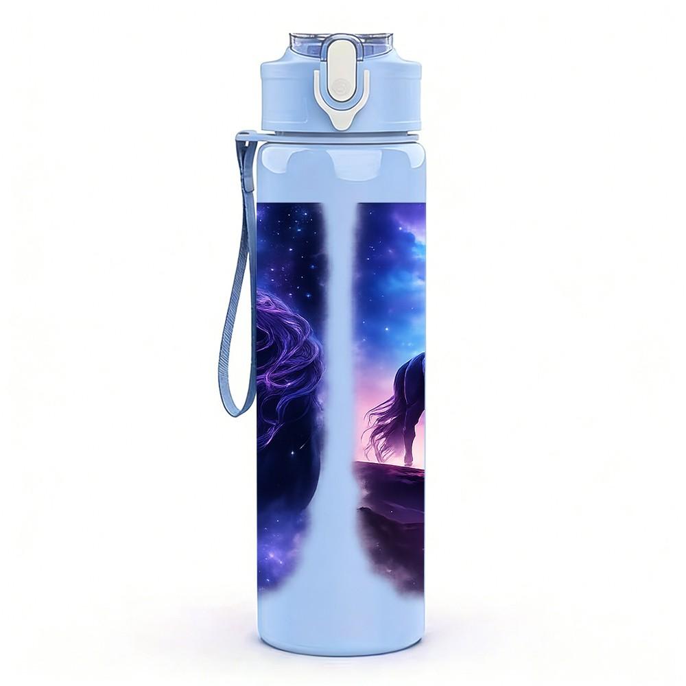 1PC Dark Galaxy Wolf Horse Fantasy Art 750ml Color Plastic Sports Water Bottle Leakproof Flip Straw Lid Suitable for Sports Office Home Use