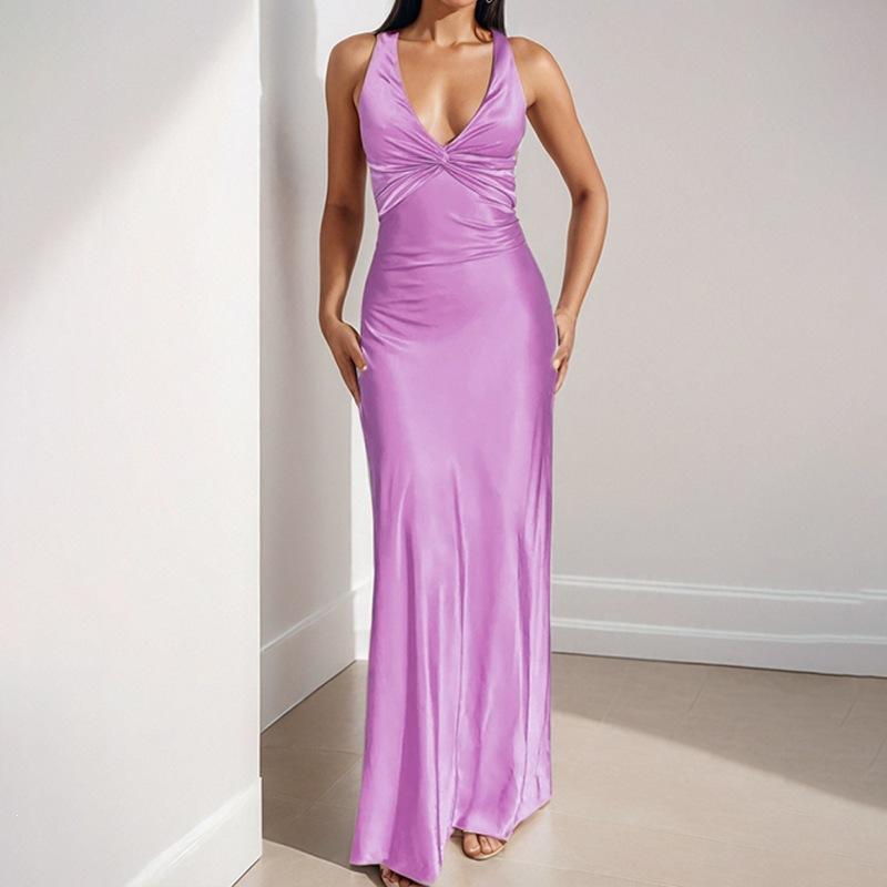 

Spring new women s clothing, European and American dresses, fashionable and sexy V-neck pleated slim dress 3XL фіолетовий