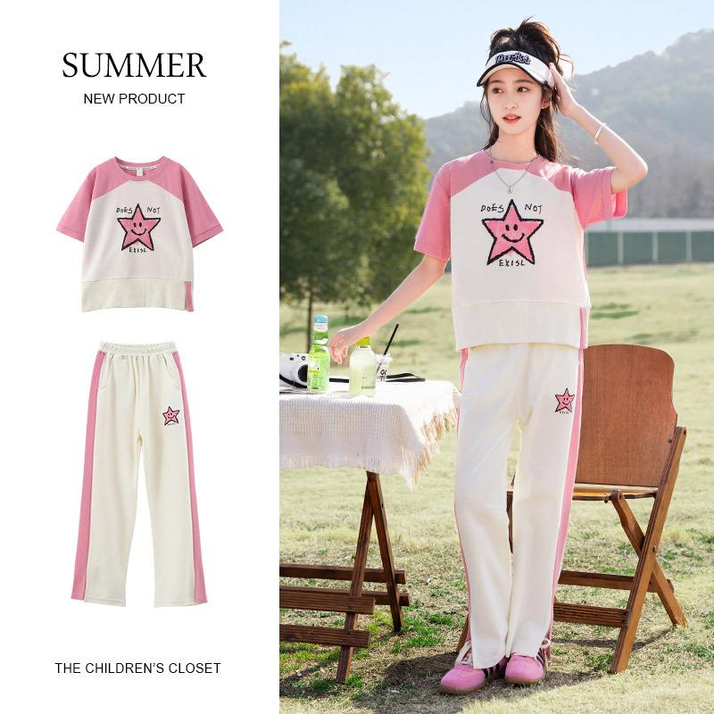 Summer Big Children's Casual Suit Knitted Short-sleeved Girls' Pants Suit